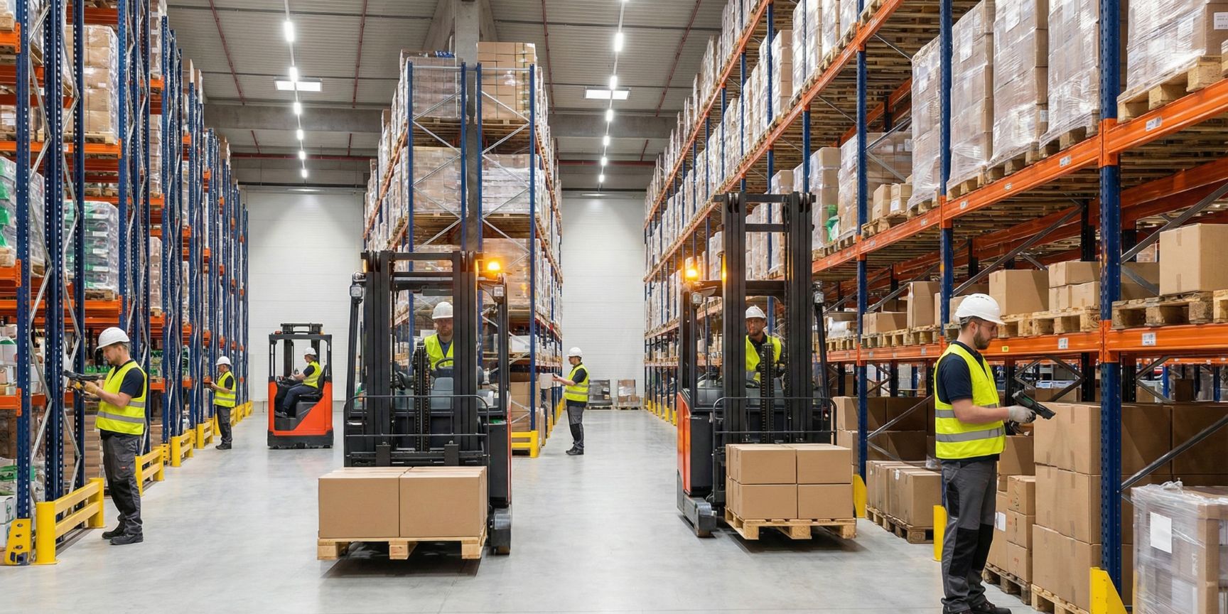 Interior view of a modern high-bay warehouse with employees in safety clothing, forklifts and palletized goods, which represent an efficient, ISO 9001-compliant logistics process